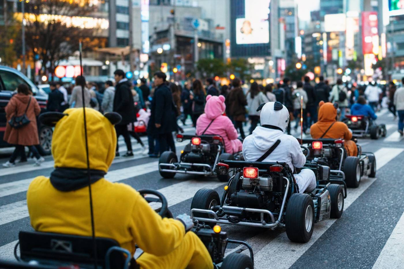 Go-kart convoy in colorful costumes crossing the Shibuya Scramble Crossing in Tokyo