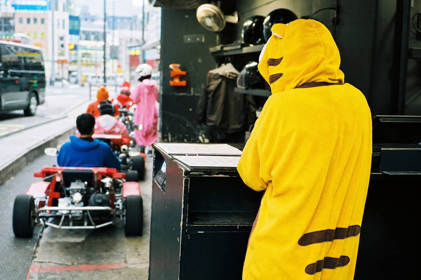 A Tokyo go-kart garage counter with karts lined up