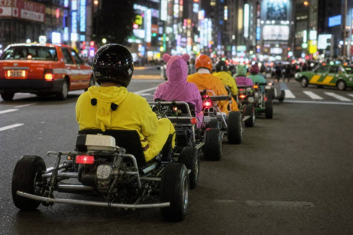 Real-life kart convoy in costumes driving a neon Tokyo street at night