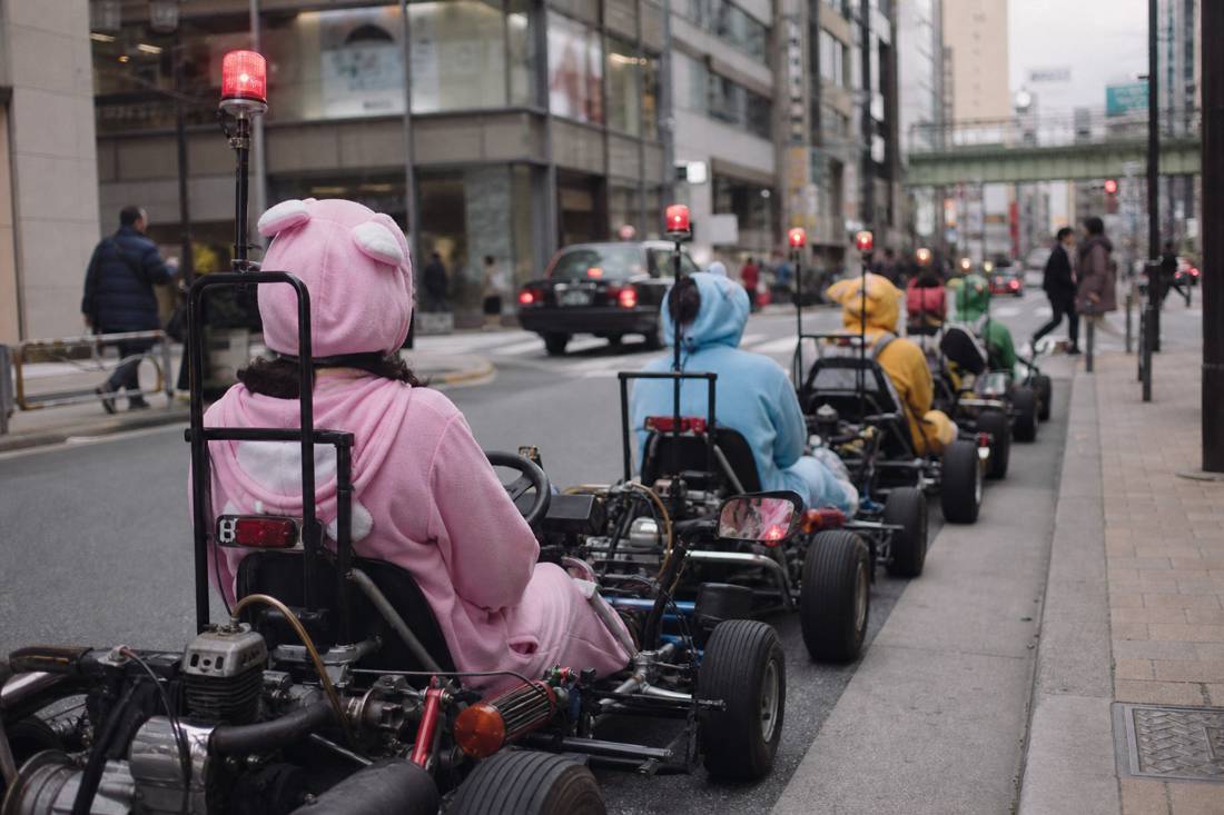 Go-karts lined up on an Akihabara side street before a tour