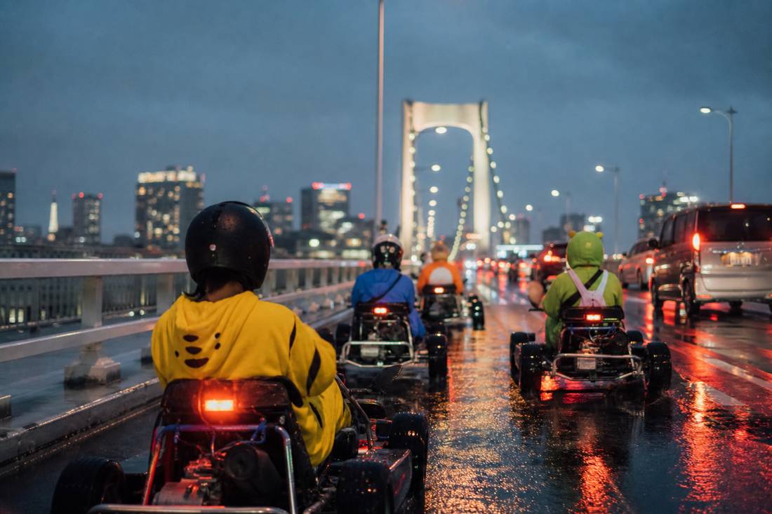 Go-karts on the Rainbow Bridge at blue hour
