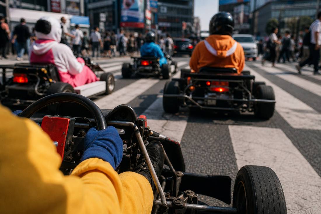 Kart-seat view entering the Shibuya Crossing among Tokyo traffic