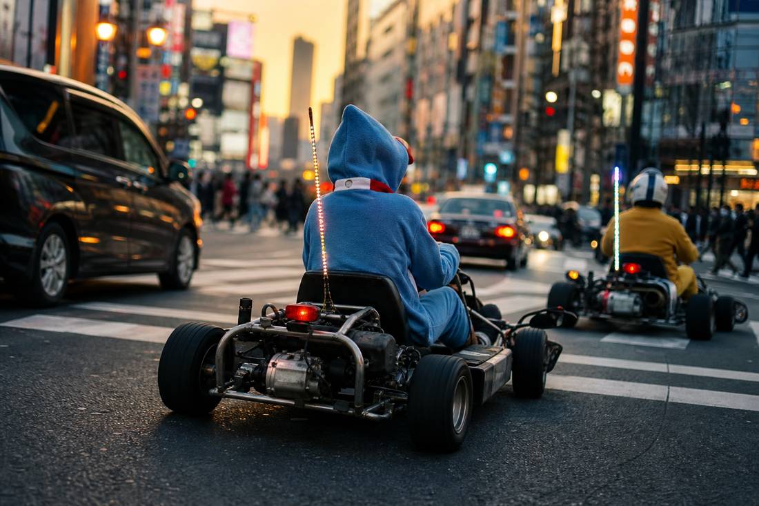 Go-karts turning into a neon Shibuya street at dusk