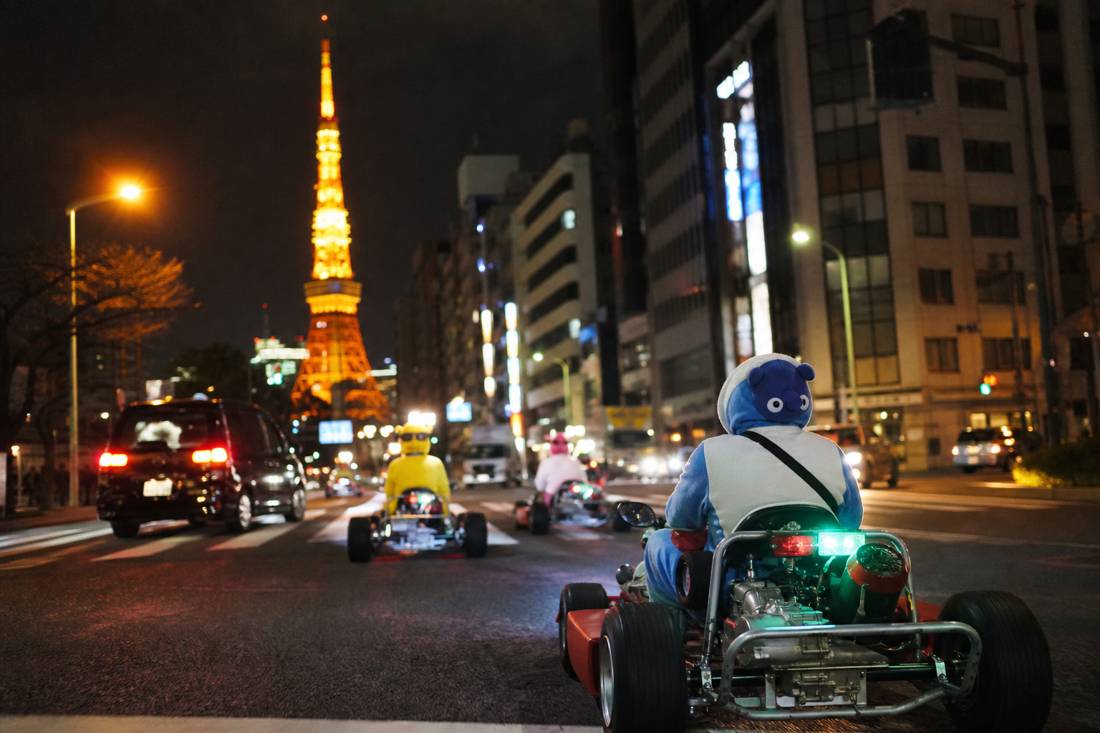 Go-karts passing Tokyo Tower on a premium route
