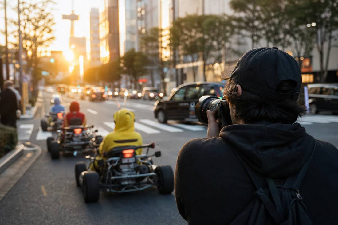 A guide photographing go-kart drivers mid-tour