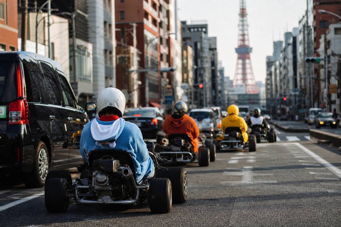 Go-karts driving toward Tokyo Tower at dusk