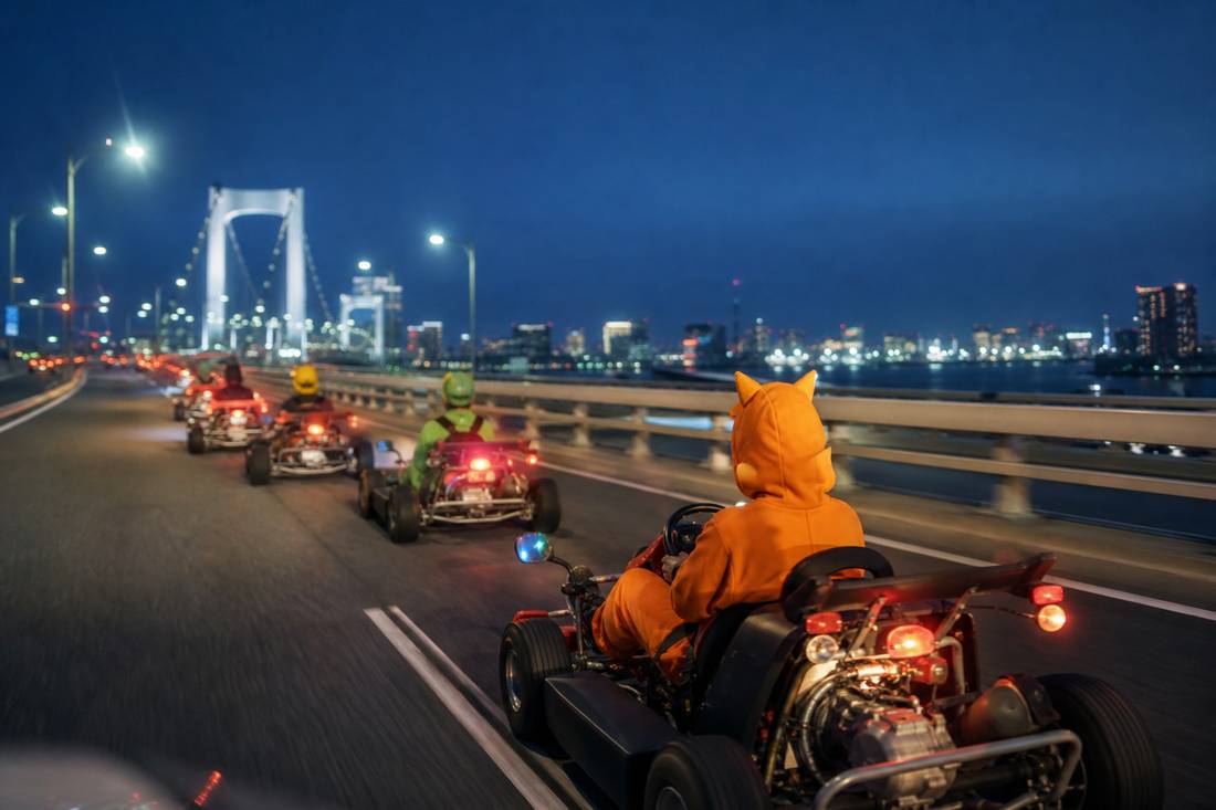 Street go-karts crossing the Rainbow Bridge over Tokyo Bay