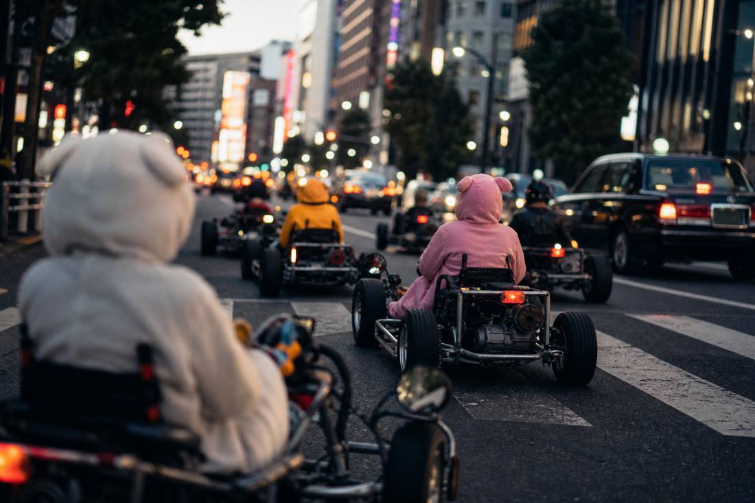 A relaxed go-kart convoy in soft morning light in Tokyo