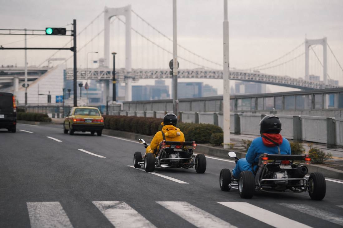 Two go-karts cruising with the Rainbow Bridge behind