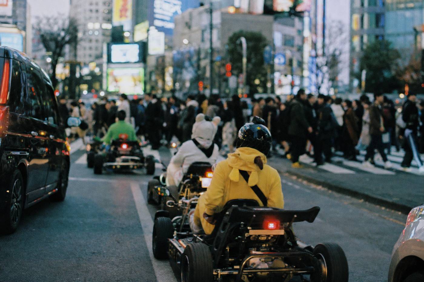 The Shibuya Scramble Crossing crowded at dusk