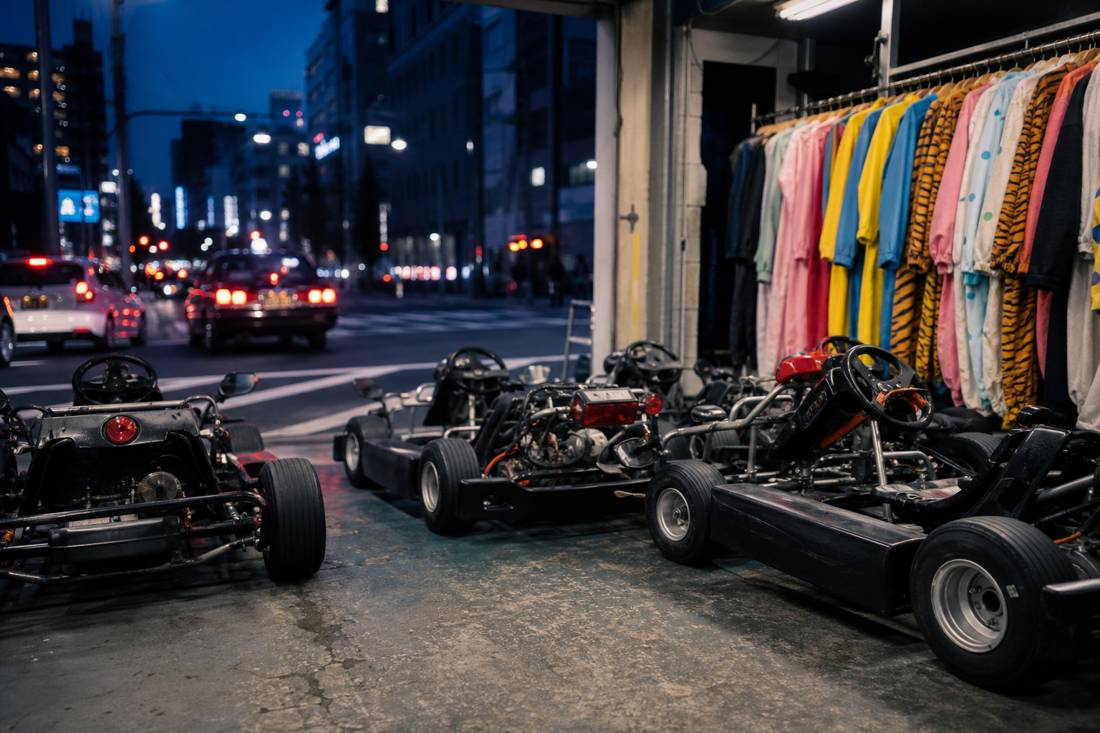 A garage of unbranded go-karts and plain costume racks in Tokyo