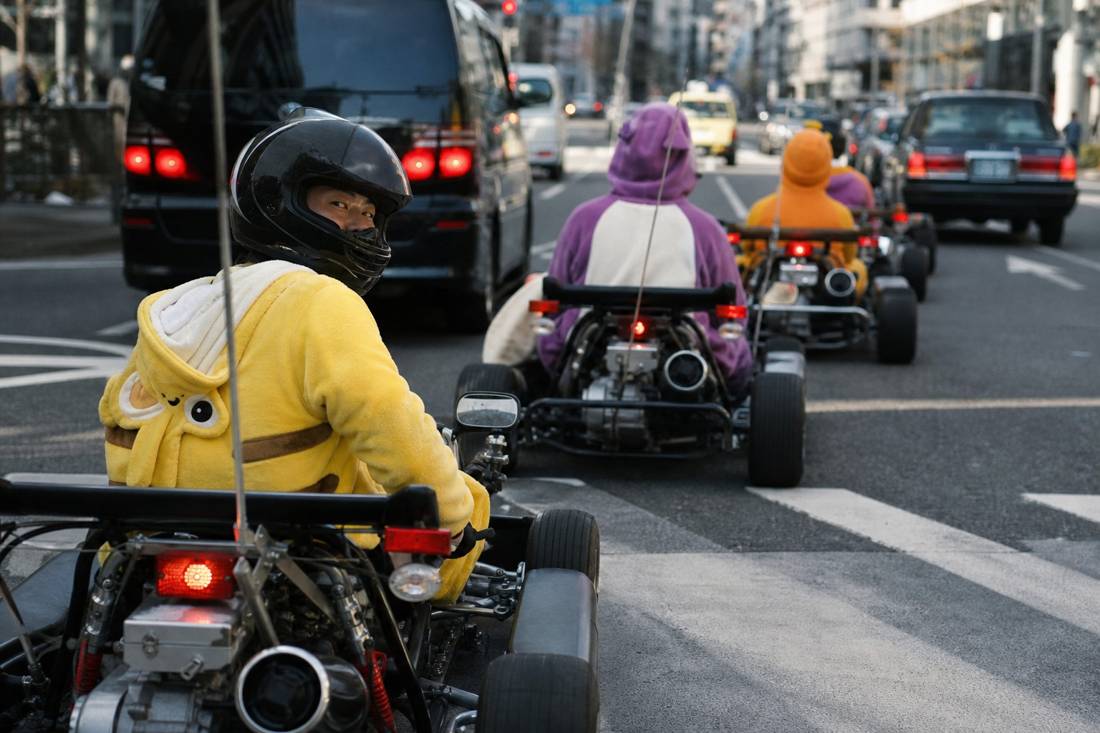 Go-karts at a light with a helmeted driver looking back